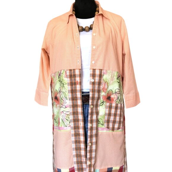 Patchwork Duster, Size L: Upcycled Boho Button-Down Dress, Orange Gingham - Picture 8 of 14
